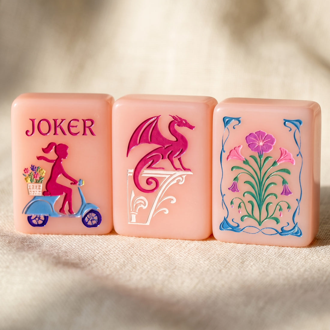 Pink Blossom American Mahjong Set, joker, dragon and flower tiles up close