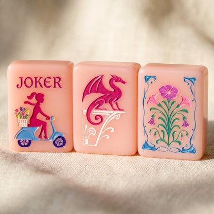 Pink Blossom American Mahjong Set, joker, dragon and flower tiles up close