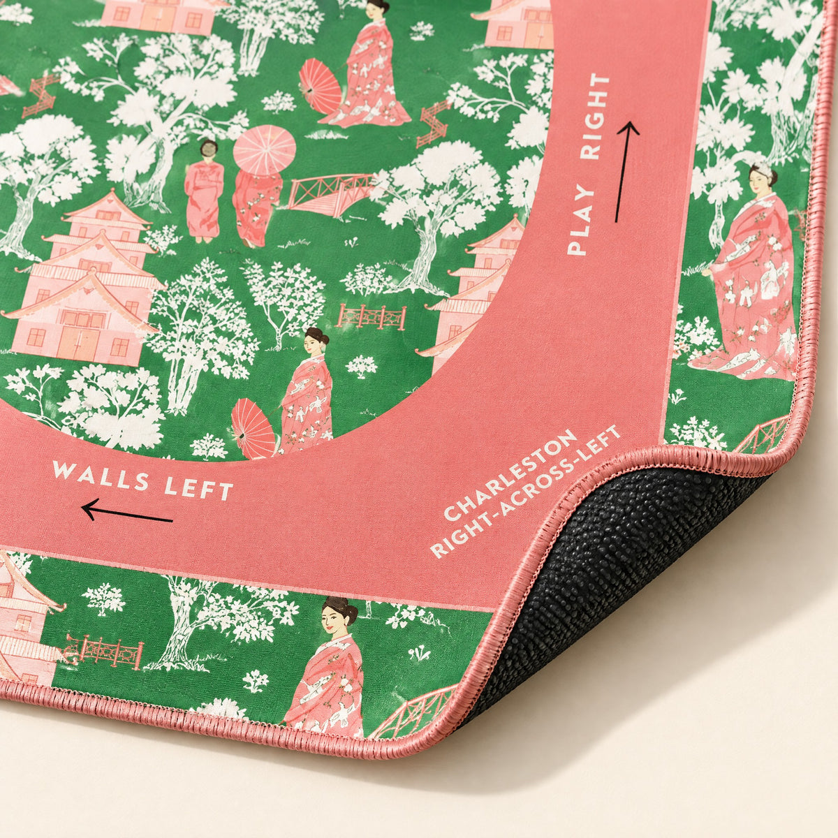 Pink Blossom Mahjong Mat, stitched edge and non-slip back