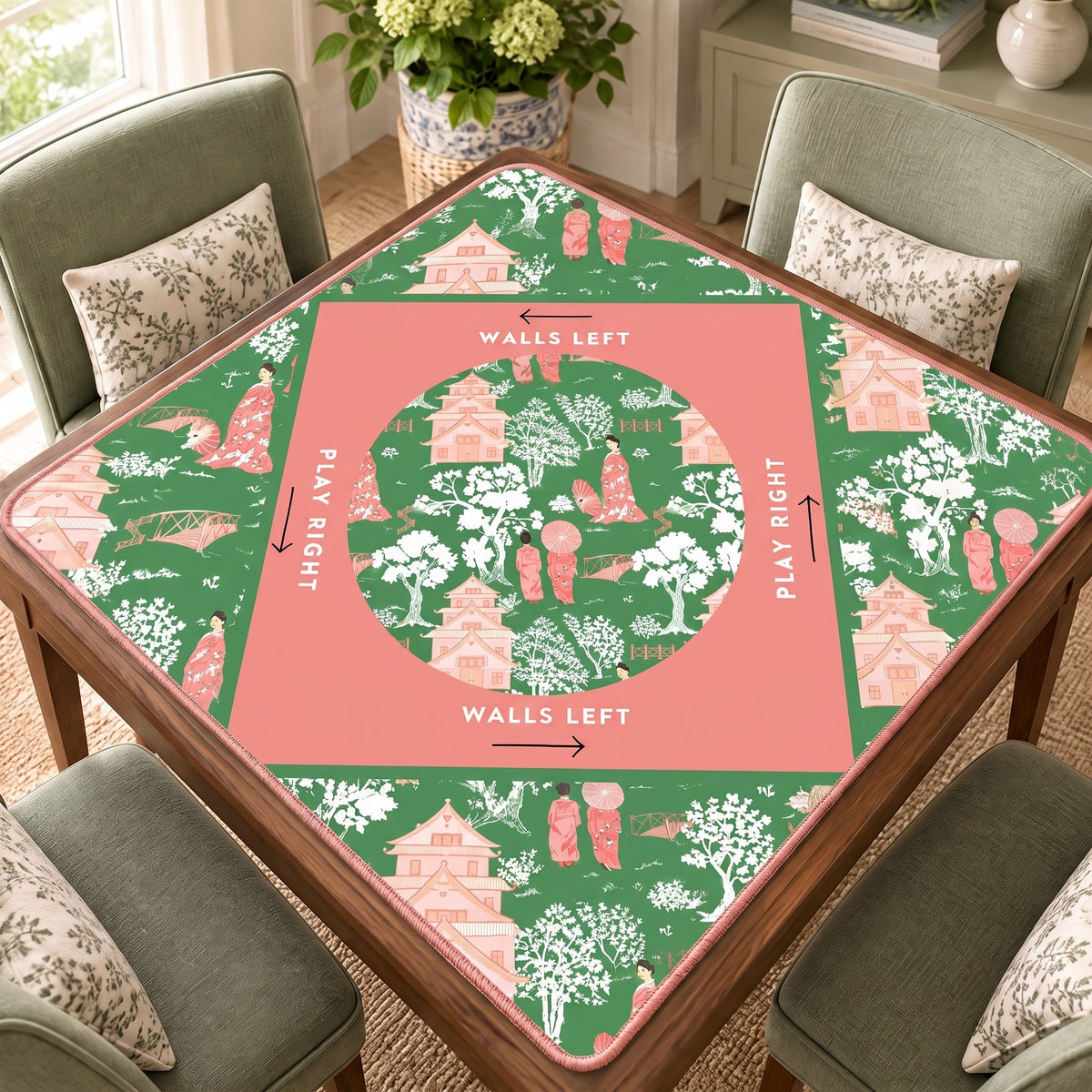 Pink Blossom Mahjong Mat, on a card table