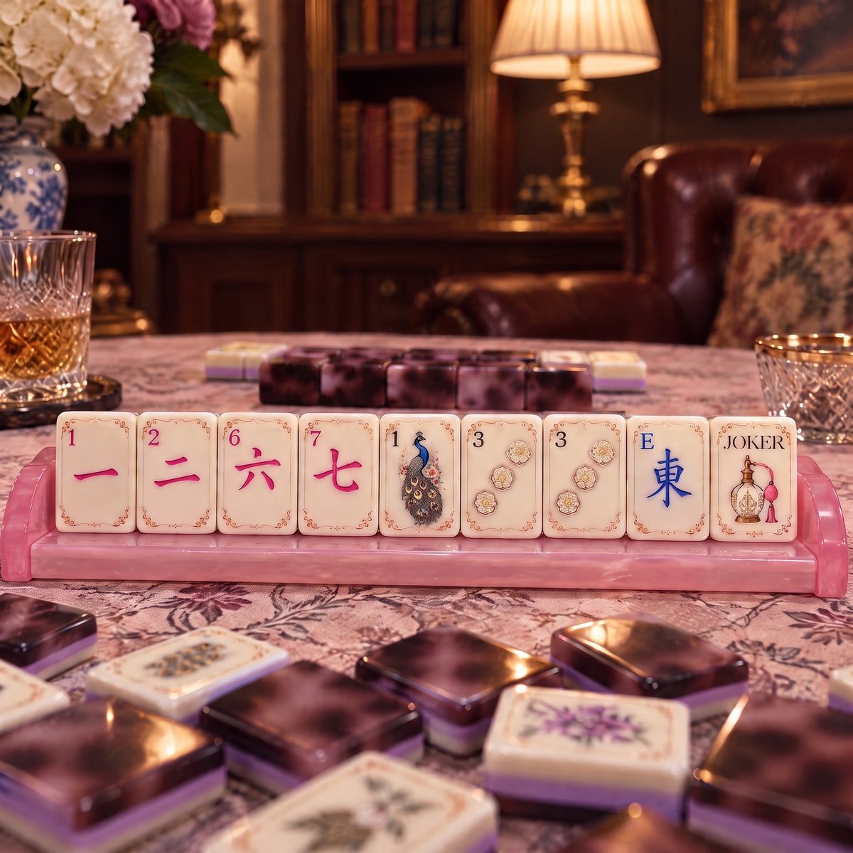 Plum Tortoise American Mahjong Set, tiles on a rack, seen from across the table