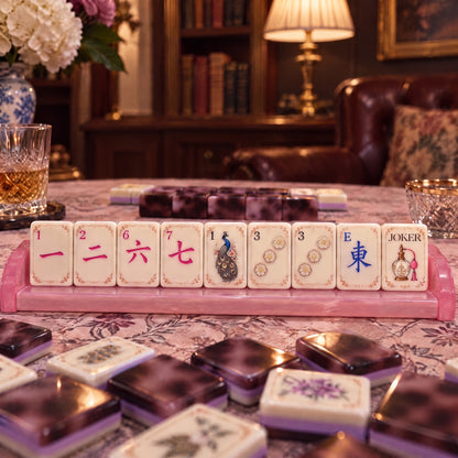 Plum Tortoise American Mahjong Set, tiles on a rack, seen from across the table