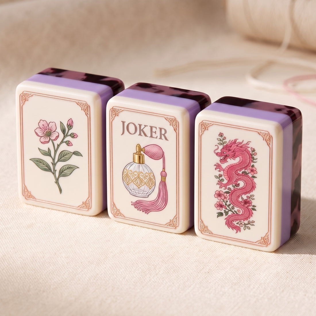 Plum Tortoise American Mahjong Set, joker, dragon and flower tiles up close