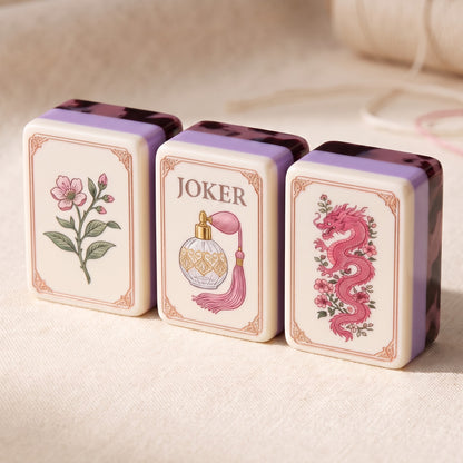 Plum Tortoise American Mahjong Set, joker, dragon and flower tiles up close