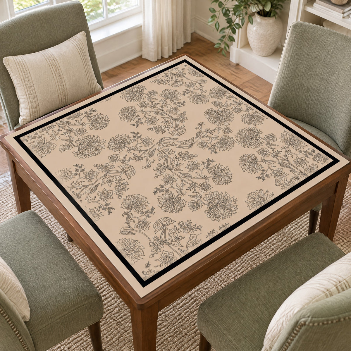 Plum Tortoise Mahjong Mat, on a card table