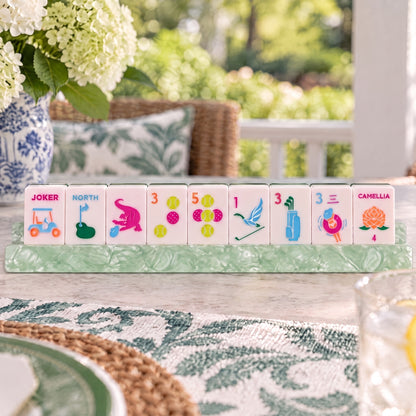 Southern Blooms American Mahjong Set, tiles on a rack, seen from across the table