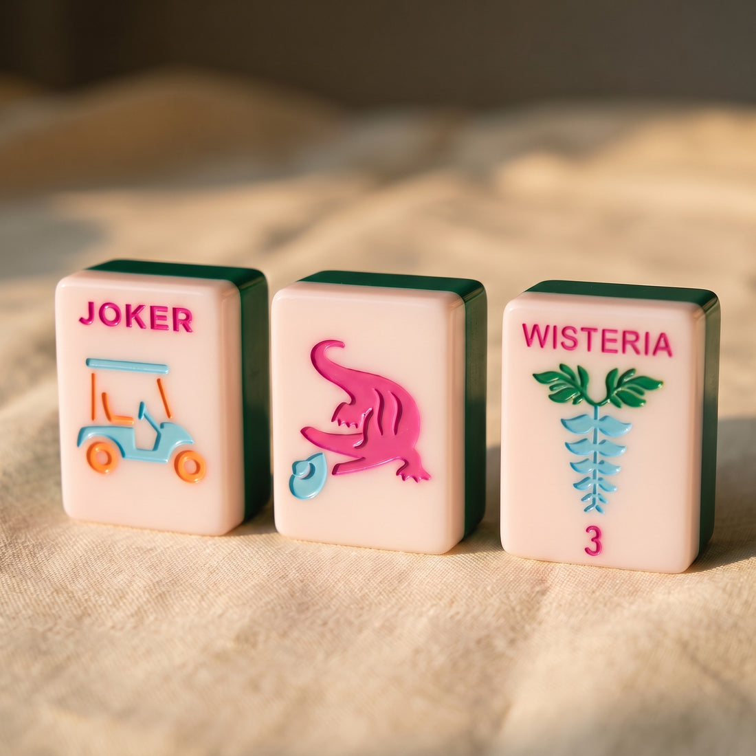 Southern Blooms American Mahjong Set, joker, dragon and flower tiles up close
