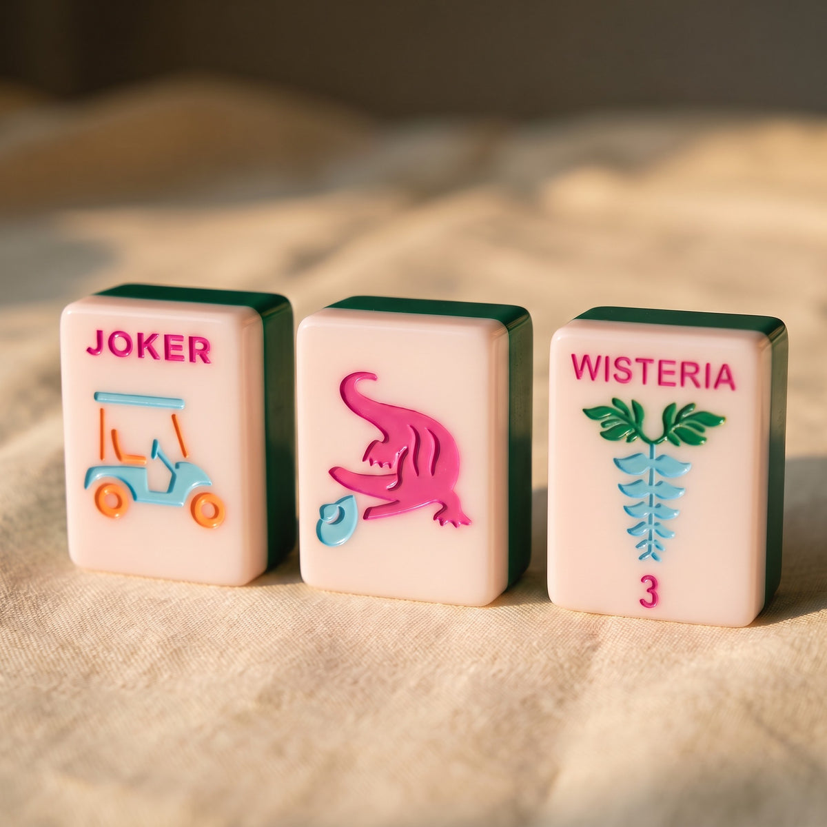 Southern Blooms American Mahjong Set, joker, dragon and flower tiles up close