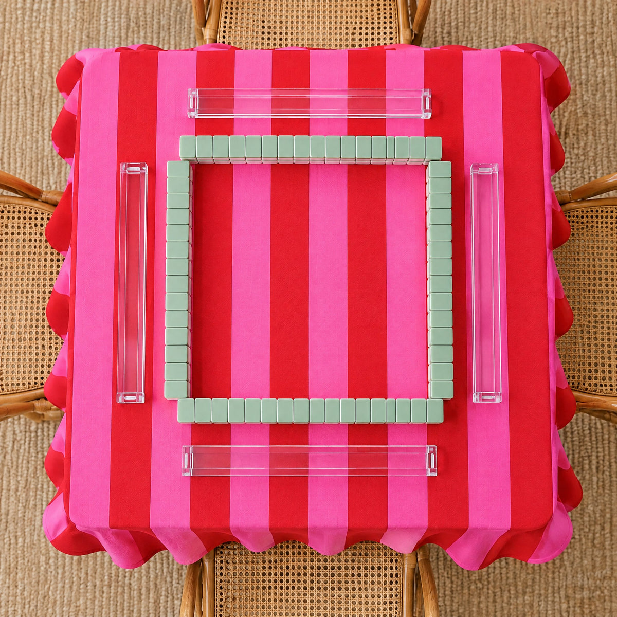 Striped Cotton Mahjong Table Cover, with a game in progress