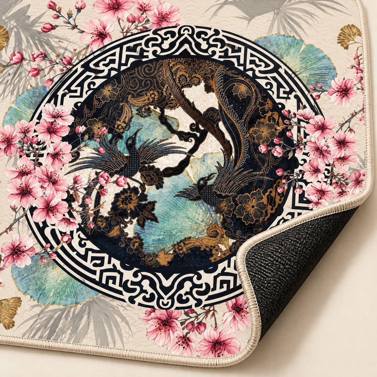 Teal Crane Mahjong Mat, stitched edge and non-slip back