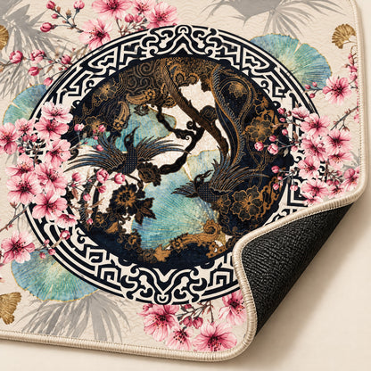 Teal Crane Mahjong Mat, stitched edge and non-slip back