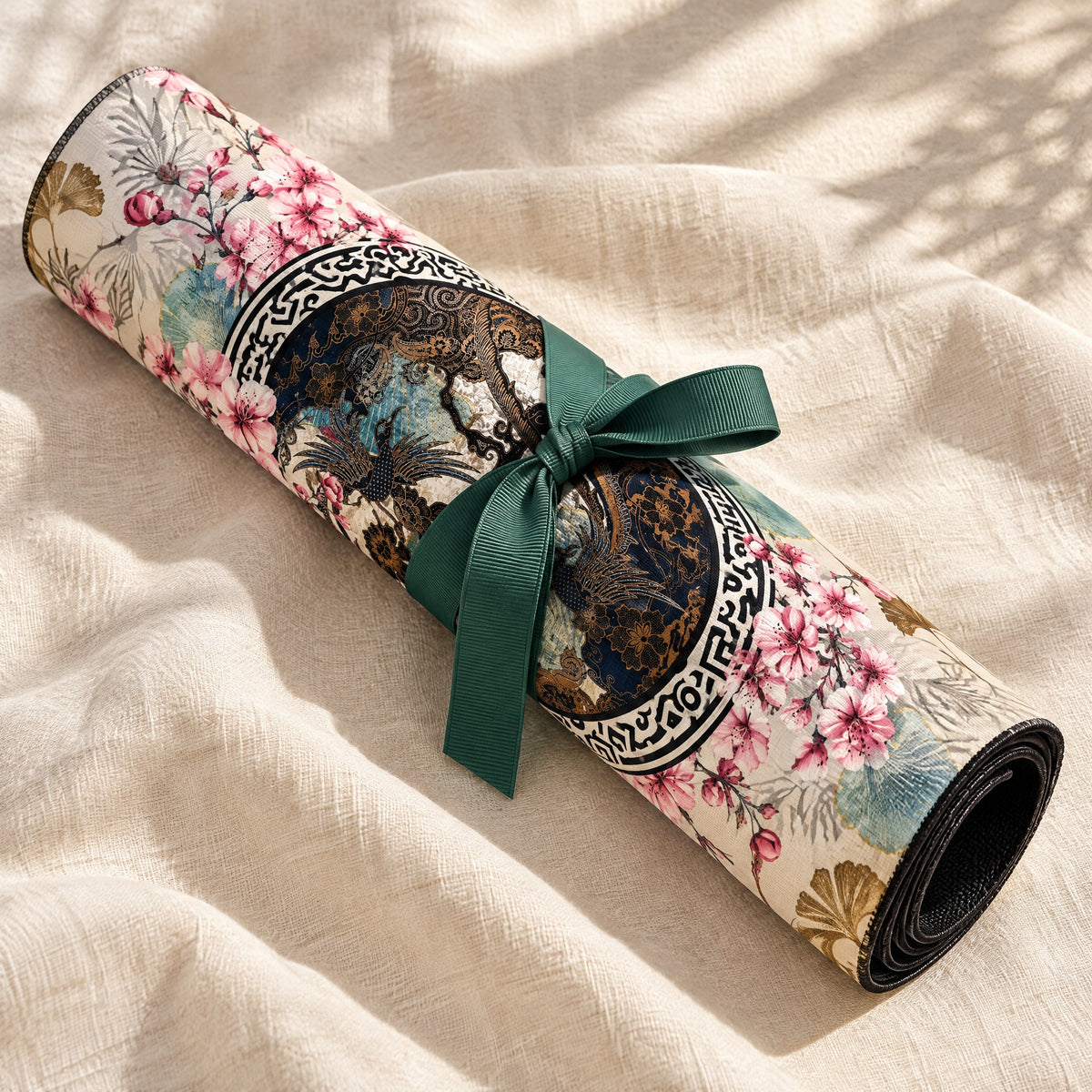 Teal Crane Mahjong Mat, rolled up