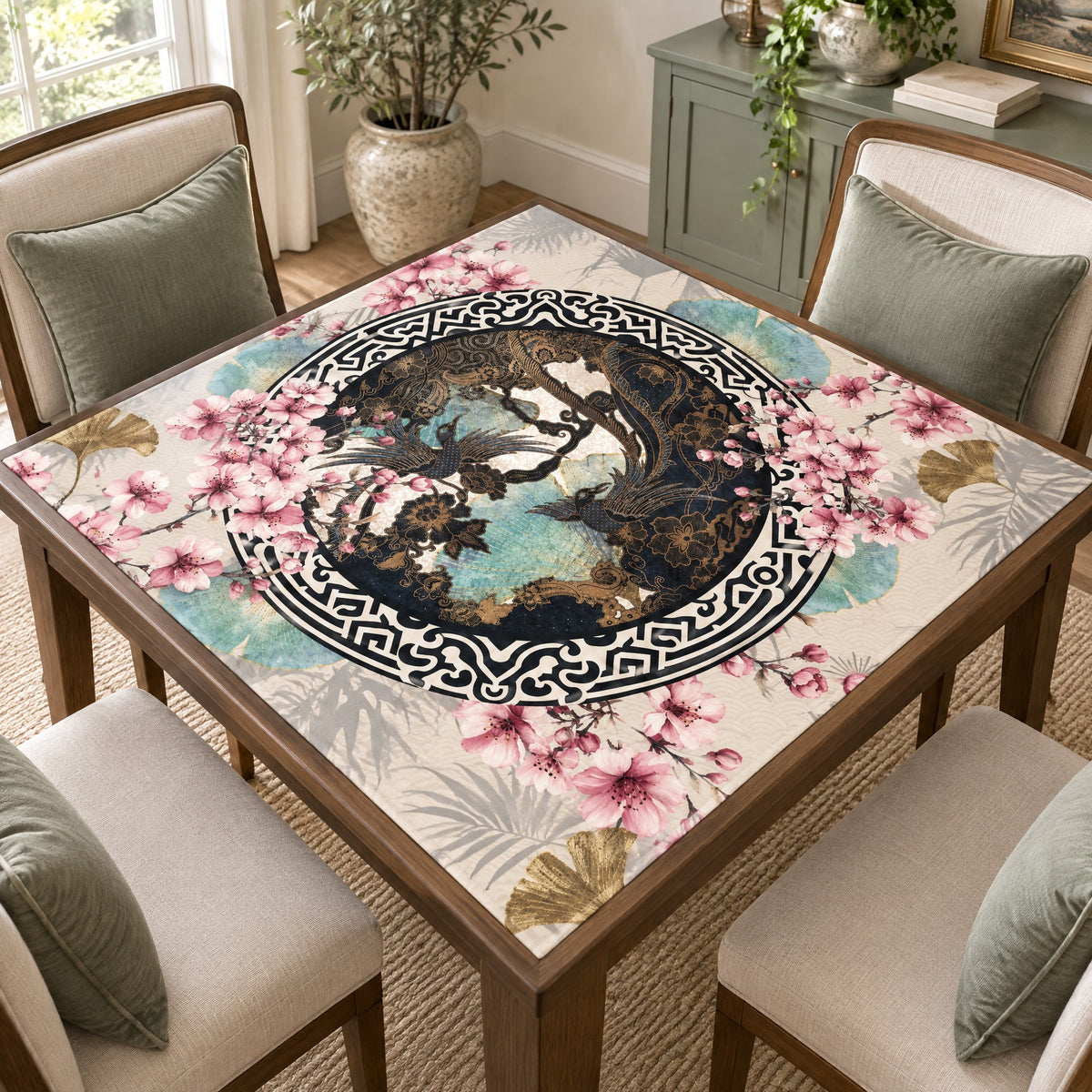 Teal Crane Mahjong Mat, on a card table