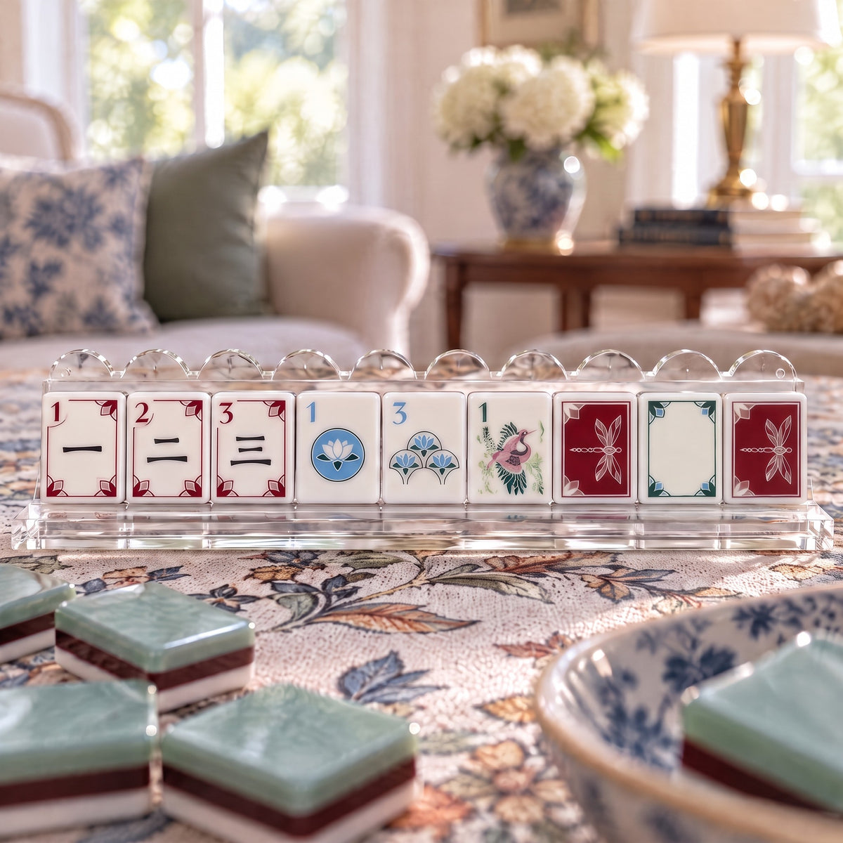 Water Lily American Mahjong Set, tiles on a rack, seen from across the table