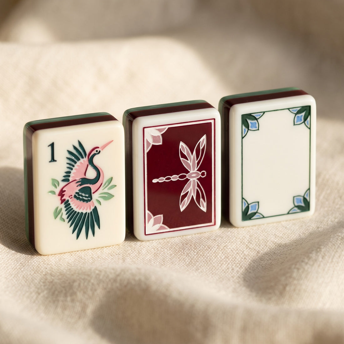 Water Lily American Mahjong Set, joker, dragon and flower tiles up close
