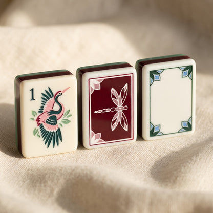 Water Lily American Mahjong Set, joker, dragon and flower tiles up close